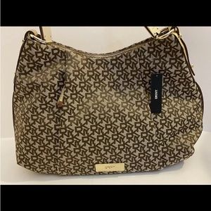 DKNY Crosby T&C Logo CHINO GOLD EGO Leather Purse Tote Satchel Shoulder Bag NWT